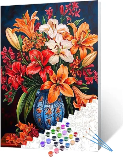 Vista 19 de Tucocoo Pintura por números con flores de lirio azul en una jarra de vidrio DIY en lienzo con pinceles, pinturas acrílicas, pintura de grafiti por