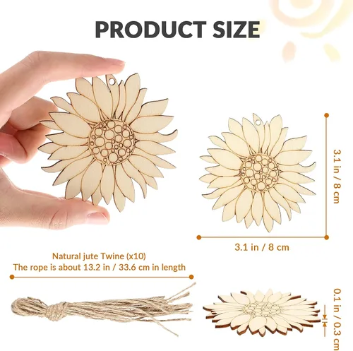 Vista 6 de 10 piezas de madera sin terminar con forma de girasol, piezas de discos de rebanadas para manualidades, decoración de primavera