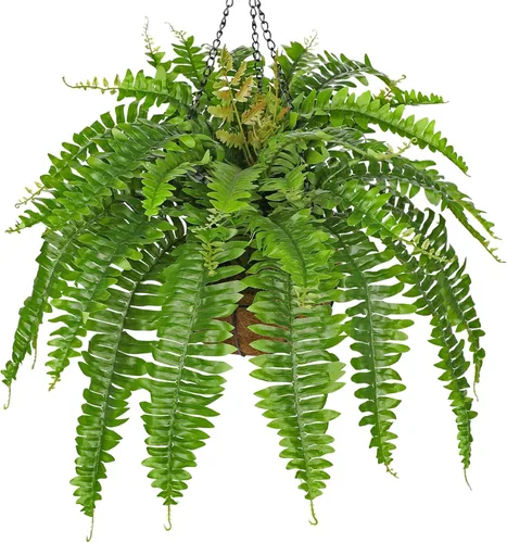 Vista 8 de Plantas colgantes falsas grandes de helecho boston, plantas artificiales para exteriores, helechos falsos realistas con cesta de palmera, plantas