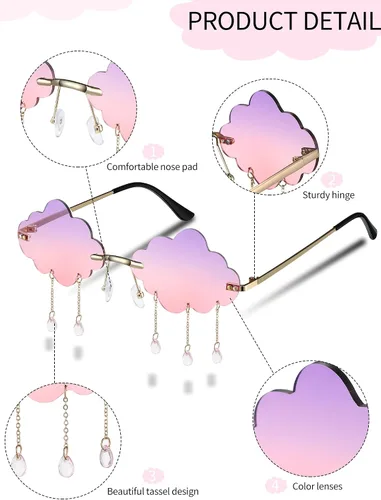 Vista 3 de 6 pares de lentes de sol en forma de nube sin montura de cristal nubes y borlas gafas de sol de los años 90 gafas divertidas para mujeres y hombres