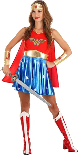 Vista 2 de Fun Costumes Disfraz de Mujer Maravilla con capa para mujer, traje de superhéroe rojo, blanco y azul con capa y accesorio de corona para Halloween