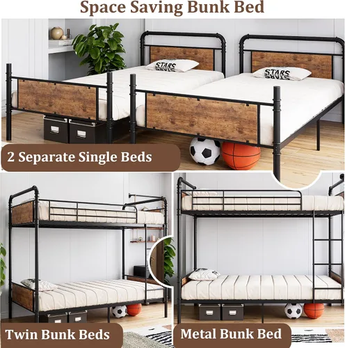 Vista 4 de Garvee Industrial Twin Over Twin Bunk Bed, Convertible to 2 Separate Single Beds, Sturdy Metal Bunk Bed, Detachable Ladder & High Safety Guardrails
