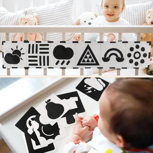 Vista 5 de Dreamon 32 juguetes sensoriales de alto contraste para bebés en blanco y negro, juguetes para recién nacidos con sonajero, libro suave y tarjetas