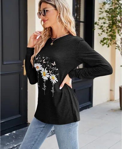 Vista 5 de Camiseta casual de manga larga para mujer, divertida, con estampado de girasol, abertura lateral, ajuste holgado