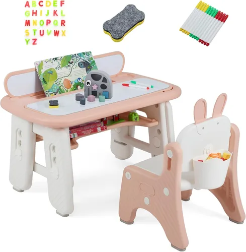 Vista 12 de Costzon Juego de mesa y 4 sillas para niños, escritorio y sillas para niños pequeños de altura ajustable con escritorio de graffiti, patas Verde