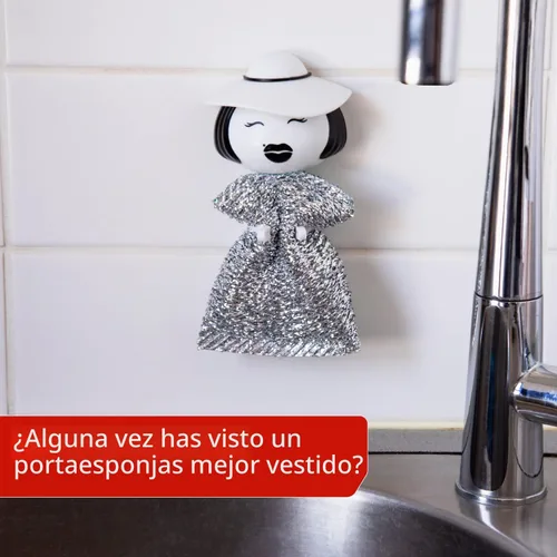 Vista 2 de Peleg Design Mrs. Sponge - Soporte de esponja de cocina – Soporte de esponja de plástico para fregadero de cocina, seca todo tipo de esponjas