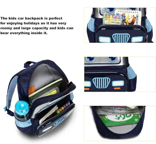 Vista 3 de RuRu monkey Mochila de policía para niños pequeños con fiambrera, mochila escolar para jardín de infantes, mediana, marino