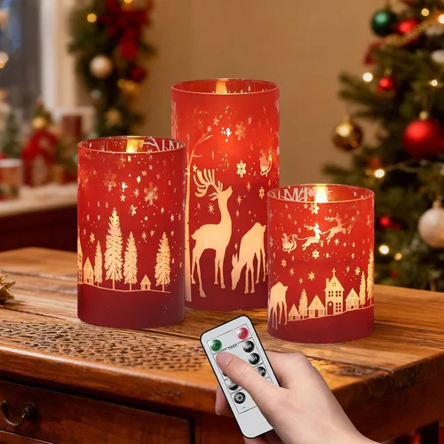 Vista 18 de Velas de Cristal sin Llama de Árbol de Navidad con Control Remoto Temporizador Operadas con Batería Cera Real Mecha 3D LED Parpadeantes Velas