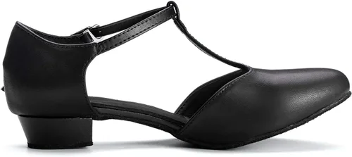 Vista 2 de Dress First Flats Zapatos de Baile Mujeres de Tacón Bajo Cuero Genuino Bombas T-Strap Latino Salsa Zapatos,1