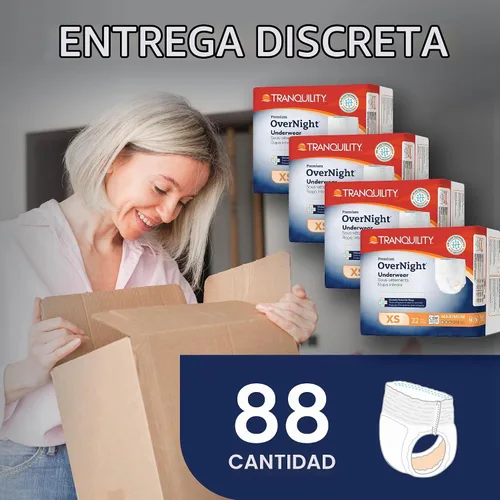 Vista 5 de Tranquility Premium OverNight - Ropa interior absorbente desechable, máxima protección, talla XS, 88 unidades, cintura 43-71 cm - Máxima absorción