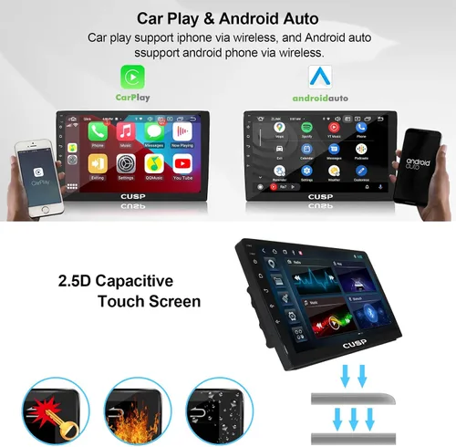 Vista 3 de CUSP Radio estéreo de coche doble DIN de 10.1 pulgadas, Android 4GB+64GB pantalla táctil principal con CarPlay inalámbrico y Android Auto