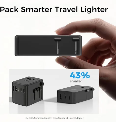 Vista 4 de Adaptador de viaje universal, adaptador de corriente internacional con 1 salida de CA, 1 USB-A y 2 puertos USB-C, funciona en más de 150 países