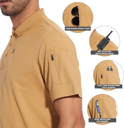 Vista 4 de Casei Polo para hombre, de secado rápido, para deportes al aire libre, camiseta de golf para hombre, camiseta de rendimiento táctica, polo de manga