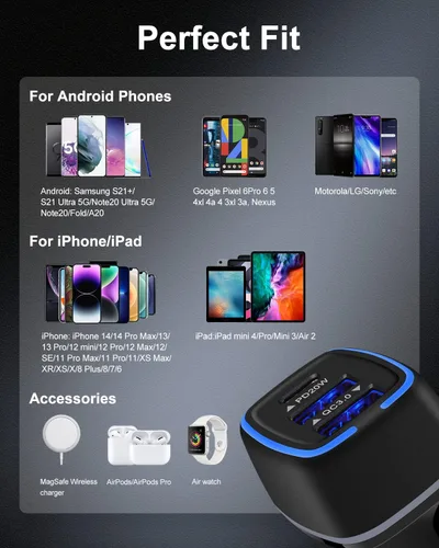 Vista 7 de Cargador de coche de 56W PD USB C, bloque de carga súper rápido de 3