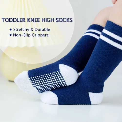 Vista 2 de EPEIUS Calcetines altos hasta la rodilla con agarre antideslizante Toddller Athletic Stripe Team Tube Calcetines para niños y niñas, paquete de 5