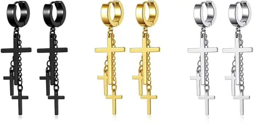 Vista 5 de 3 pares de aretes colgantes de doble cruz colgante para hombres y mujeres, aretes colgantes de cruces de acero inoxidable