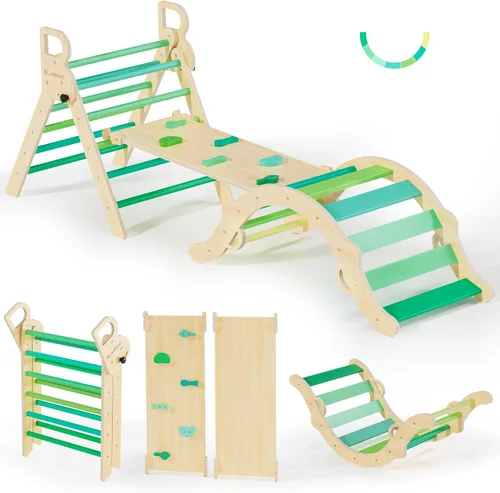 Vista 11 de BlueWood Pikler - Juego de triángulos de madera para niños pequeños, escalador plegable 7 en 1 para interiores para niños, juego de filosofía