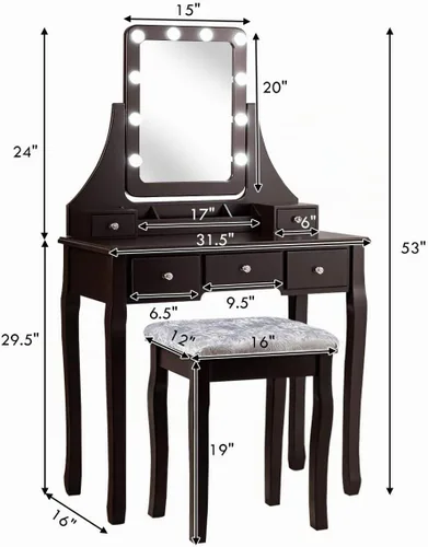 Vista 6 de DORTALA Juego de mesa de tocador con espejo rectangular de 360 grados y taburete acolchado, mesa de maquillaje con 10 bombillas LED regulables