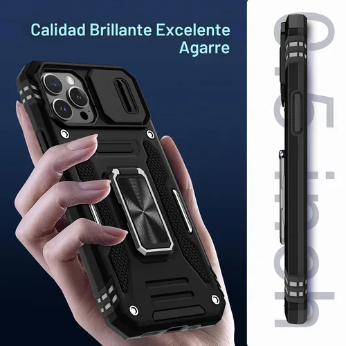 Vista 7 de DEERLAMN Funda para iPhone 13 Pro Max con cubierta deslizante para cámara + protector de pantalla (1 unidad), anillo giratorio con soporte de grado