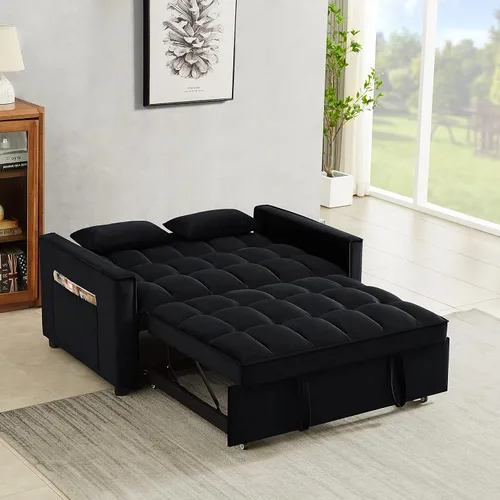 Vista 9 de Sofá cama biplaza de terciopelo convertible y moderno con cama desplegable, respaldo ajustable y 2 almohadas lumbares, para espacios pequeños