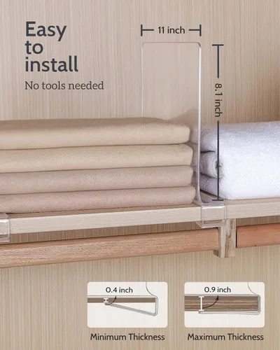 Vista 4 de Separadores de estantes de acrílico transparente, divisor de estante de armario y separador de armario para organización en dormitorio, cocina