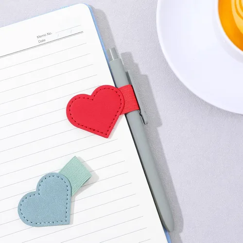 Vista 7 de 8 soportes de cuero con forma de corazón para bolígrafo, soportes autoadhesivos para lápices, para cuaderno, lazo elástico para calendarios