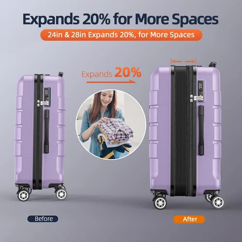 Vista 5 de SHOWKOO Equipaje Sets Expandible PC+ABS Durable Maleta Doble Ruedas TSA Lock 3pcs, Púrpura lavanda, Juegos de equipaje Hardsie