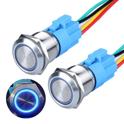 Vista 8 de 2 interruptores de botón de bloqueo de 0.748 in de 12 V-24 V, anillo de CC LED 1NO 1NC impermeable botón de metal negro encendido apagado