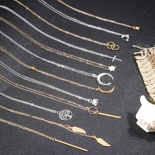 Vista 2 de Thrilez - Juego de 24 collares escalonados para mujeres adolescentes y niñas colores dorado y plateado simple y moderno joyería para usar