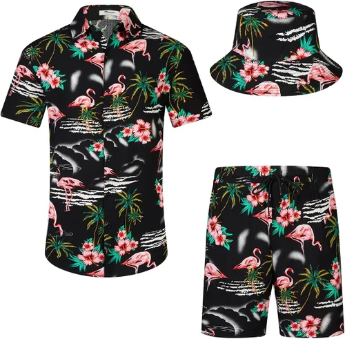 Vista 13 de EISHOPEER Conjunto hawaiano de flores para hombre, camisa de manga corta y pantalones cortos, trajes con sombreros de pescador