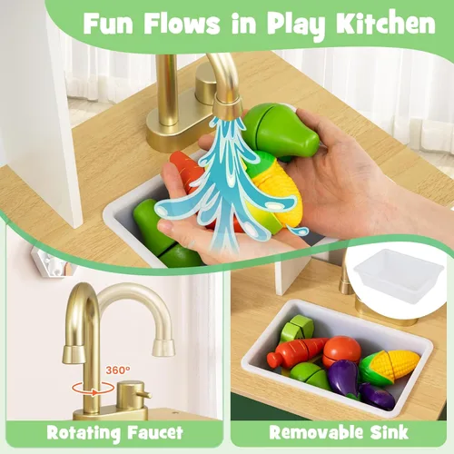 Vista 3 de Costzon Cocina de juego para niños, juego de cocina Little Chef con microondas, estufas, pomos de rotación, dispensador de hielo, grifo, fregadero