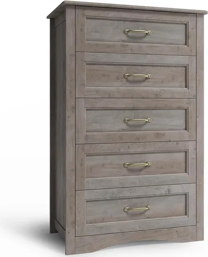 Vista 3 de Gizoon Cómoda de 5 cajones, armario de almacenamiento de madera gris ceniza para dormitorio, armario de almacenamiento de gran capacidad de 43.3