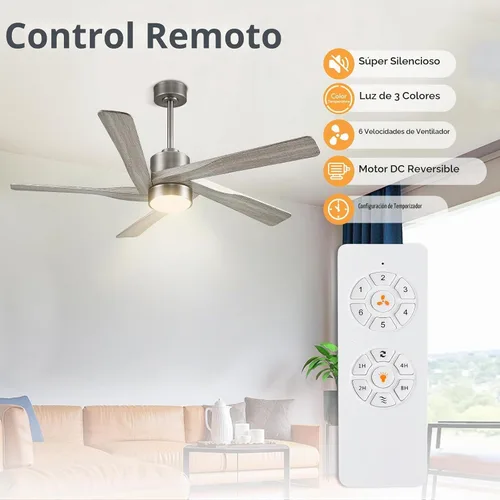 Vista 2 de WINGBO Ventilador de techo ABS DC de 54 pulgadas con luces, ventilador de techo de grano de madera ABS de 5 aspas con control remoto, motor CC