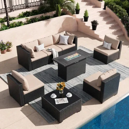 Vista 18 de Juego de muebles de patio, sofá seccional de mimbre para exteriores Beige/Negro