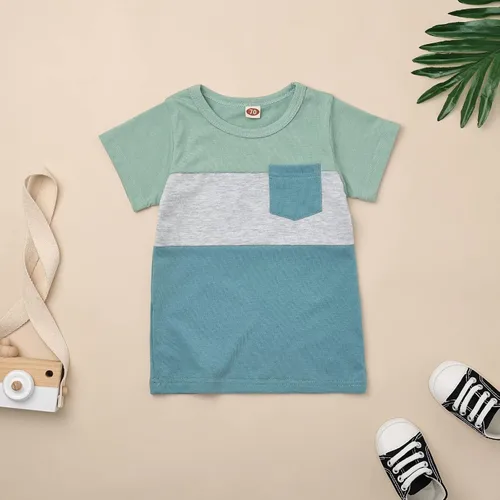 Vista 4 de Ropa para bebé niño pequeño, trajes de verano de manga corta, camiseta de retazos y pantalón con bolsillo, conjunto de 2 piezas, 12 meses a 4 años