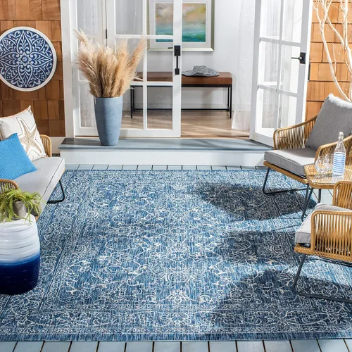 Vista 62 de SAFAVIEH Alfombra lavable al aire libre, colección Courtyard - 2'3" x 5', azul aguamarina y gris, no desprende pelusa y fácil limpieza, ideal