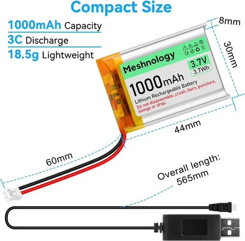 Vista 12 de Batería Lipo de 3.7V 1000mAh 803040 Batería recargable de polímero de litio con cable de cargador USB, conector micro Ph1.25, circuito de protección