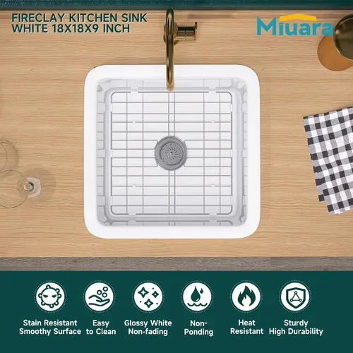 Vista 2 de Miuara Fregadero de barra de montaje inferior blanco de 18 pulgadas - Fregadero de cocina pequeño de montaje superior empotrable de 18"x18"x9