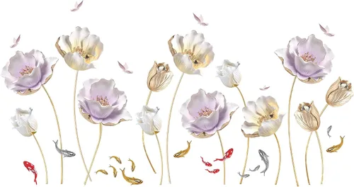 Vista 7 de Calcomanías de pared de flores doradas gigantes 3D, tulipán de loto, flores florales, hermosas flores grandes, arte de pared de despegar y pegar