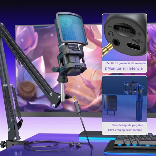 Vista 3 de ZealSound Micrófono USB para Juegos, Micrófono Condensador con Cancelación de Ruido, Micrófono RGB con Silencio, Ganancia, Monitoreo, Brazo