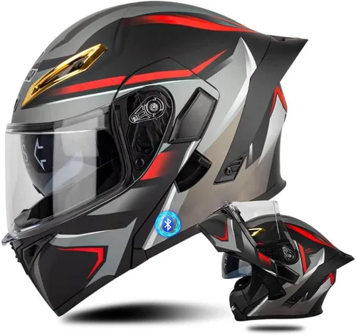 Vista 9 de Casco de motocicleta Bluetooth modular, casco moto plegable con visera interior, visera solar, doble lente de seguridad, casco aprobado por DOT