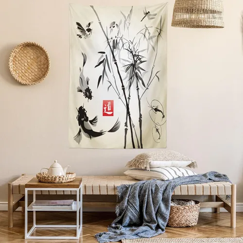 Vista 6 de Ambesonne Tapiz japonés, diseño tradicional japonés de jardín, meditación de bosque de vida silvestre, origami, colgante de pared para dormitorio