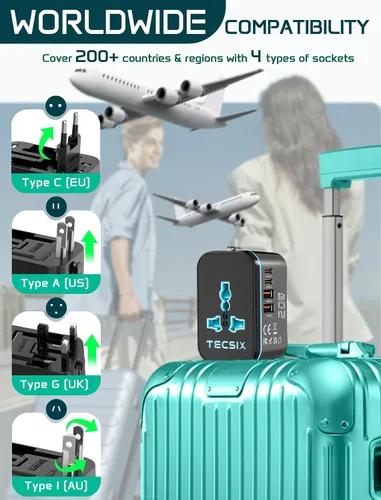 Vista 12 de Adaptador de Viaje Universal, Adaptador de Energía Internacional con 2 USB-C, 2 Puertos USB-A, Múltiples Salidas AC para UE, EE. UU., Reino Unido