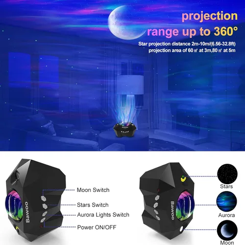 Vista 6 de Aurora - Proyector de luz de estrella con luna, proyector de luces de galaxia con control remoto, proyector de luz de cielo nocturno Bluetooth