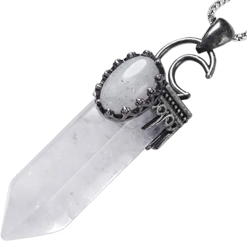 Vista 3 de TUMBEELLUWA Paquete de 2 collares con colgante de piedra de cristal natural con cadena para hombres y mujeres, péndulo de punta de cristal hexagonal
