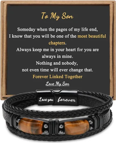 Vista 22 de Regalos únicos para hombres, pulsera de cuero para hombres, papá, novio, hijo, nieto, hermano, te amo para siempre, piedra ojo de tigre, día
