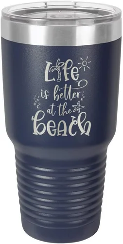 Vista 18 de La vida es mejor en la playa, vaso grabado de 76 ml con paja y tapa superior deslizante de acero inoxidable taza de viaje de acero inoxidable