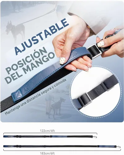 Vista 3 de Correa cruzada reforzada para perro, correa de nailon ajustable de 4 a 6 pies con asas acolchadas dobles, clip giratorio de 360° para perros