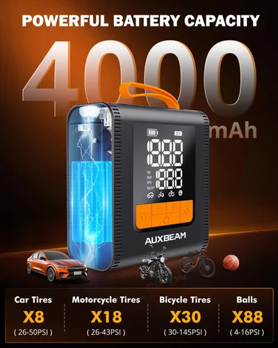 Vista 2 de AUXBEAM Inflador de neumáticos de la serie H4, compresor de aire portátil, 150PSI 2 en 1, inflador de neumáticos de automóvil, portátil, 4 modos