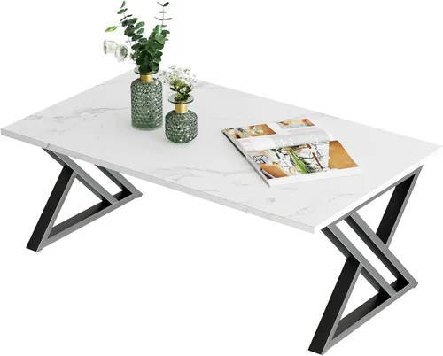 Vista 12 de Wolawu - Mesa de café para sala de estar, mesa central negra, mesa de té rectangular moderna y simple de mármol falso con marco de metal acabado